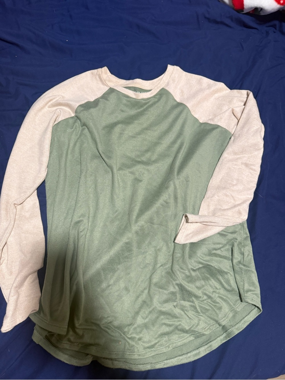 Green and Cream Raglan Long-Sleeve Top
